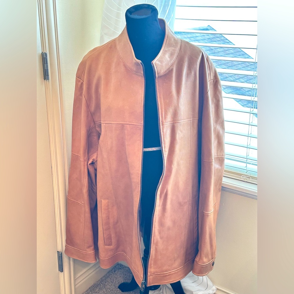 Lambs Leather Roundtree lightweight camel jacket.